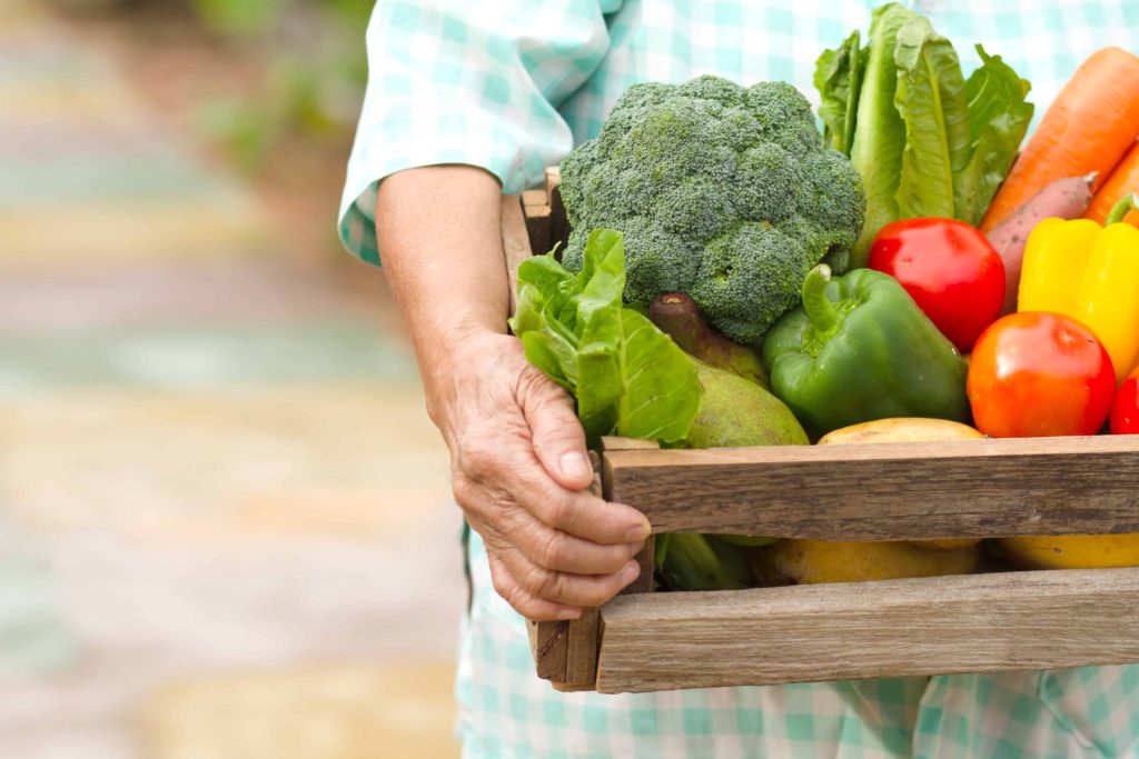 health foods woman holding basket of vegetables